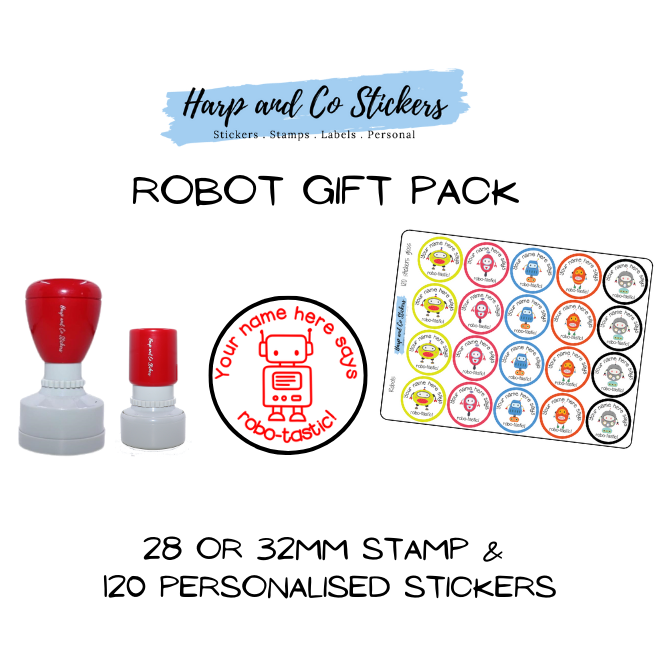 Gift Pack 28 or 32mm Stamp + 120 Stickers - Robots