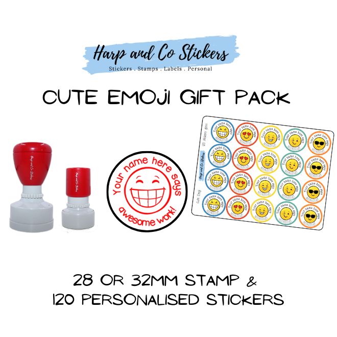 Gift Pack 28 or 32mm Stamp + 120 Stickers - Cute Emoji