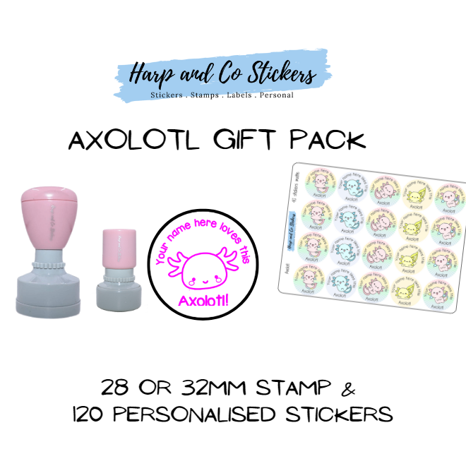 Pack 28 or 32mm Stamp + 120 Stickers - Axolotl