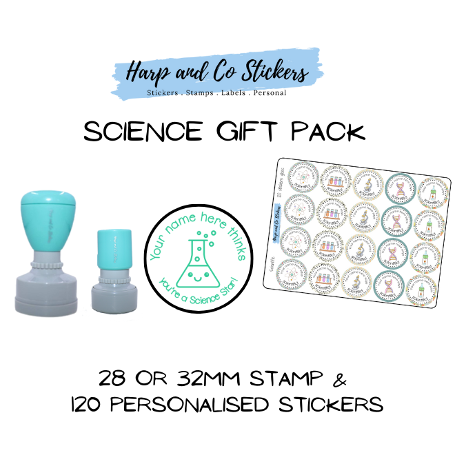 Gift Pack 28 or 32mm Stamp + 120 Stickers - Science