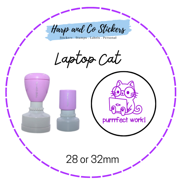 28 or 32mm Round Stamp - Laptop Cat