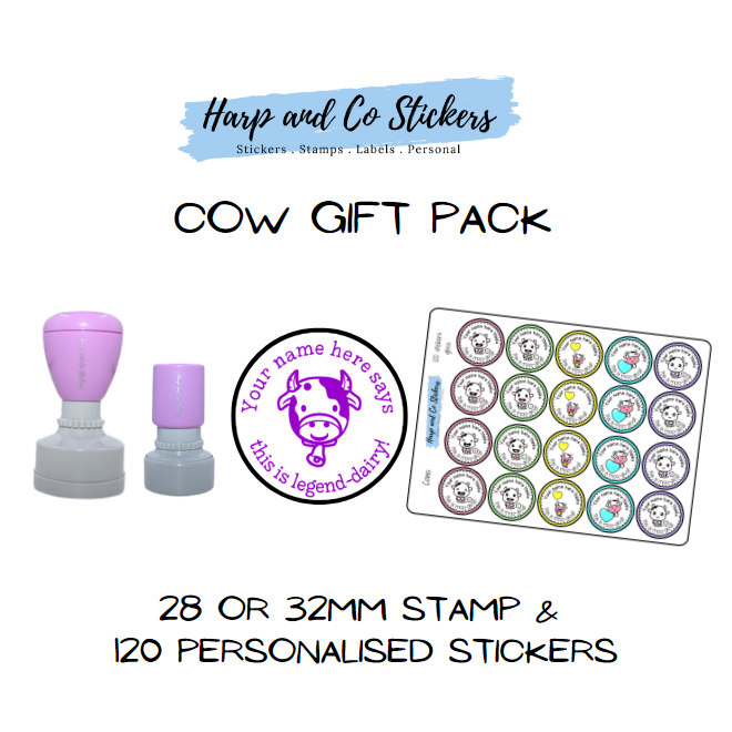 Gift Pack 28 or 32mm Stamp + 120 Stickers - Cow