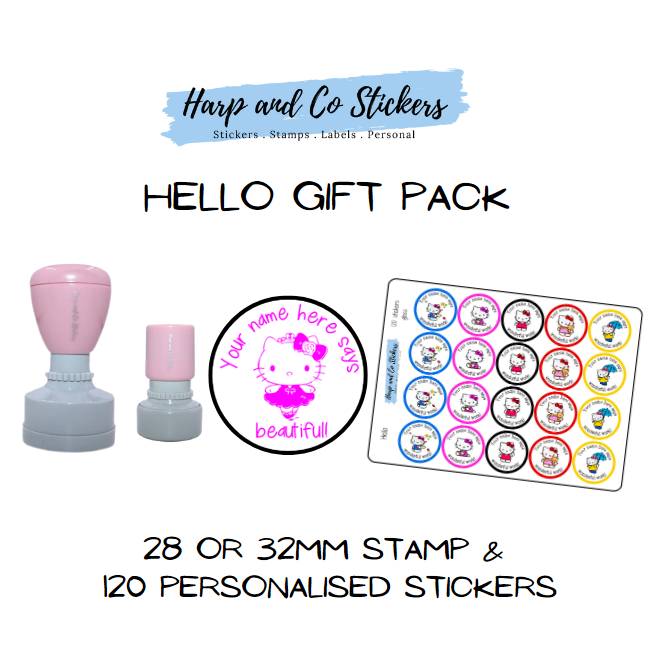 Gift Pack 28 or 32mm Stamp + 120 Stickers - Hello