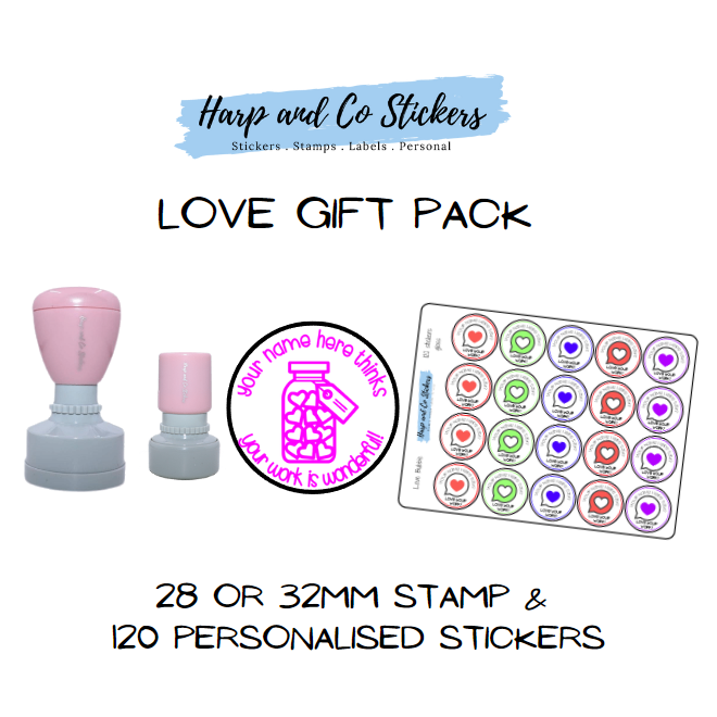 Gift Pack 28 or 32mm Stamp + 120 Stickers - Love