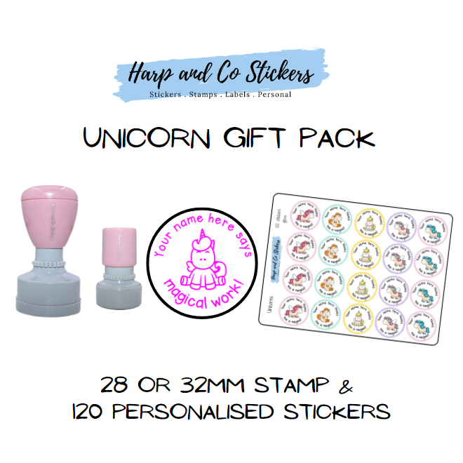 Gift Pack 28 or 32mm Stamp + 120 Stickers - Unicorn