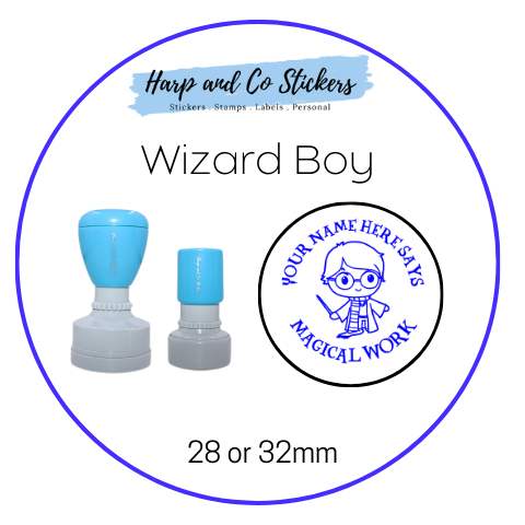 28 or 32mm Personalised Round Stamp - *Boy Wizard* - Great for the classroom!