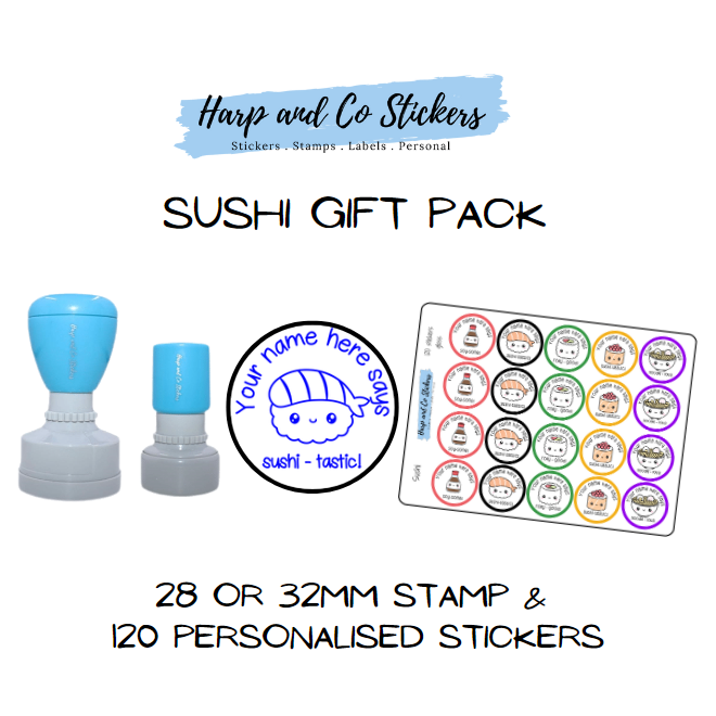Gift Pack 28 or 32mm Stamp + 120 Stickers - Sushi