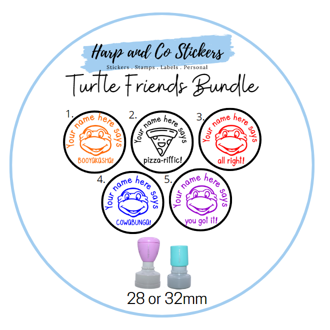 28 or 32mm Personalised Stamp Bundle - 5 Turtle and Friends Stamps