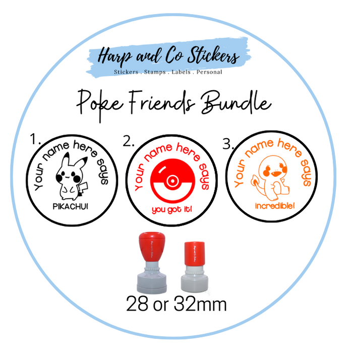 28 or 32mm Personalised Stamp Bundle - 3 Poke Friends Stamps