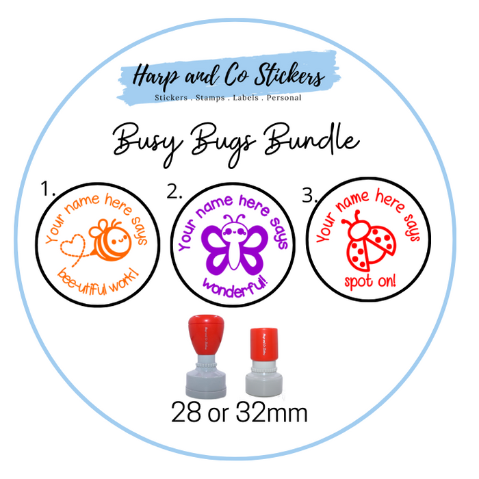 28 or 32mm Personalised Stamp Bundle - 3 Busy Bugs stamps