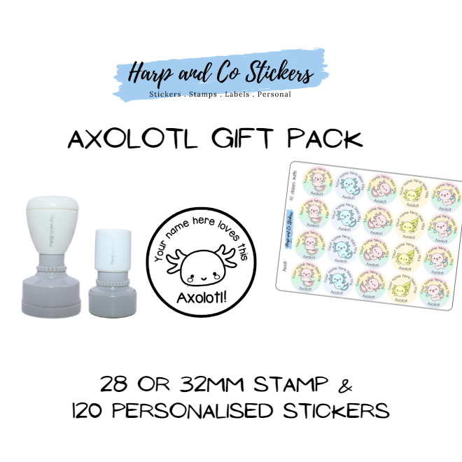 Pack 28 or 32mm Stamp + 120 Stickers - Axolotl