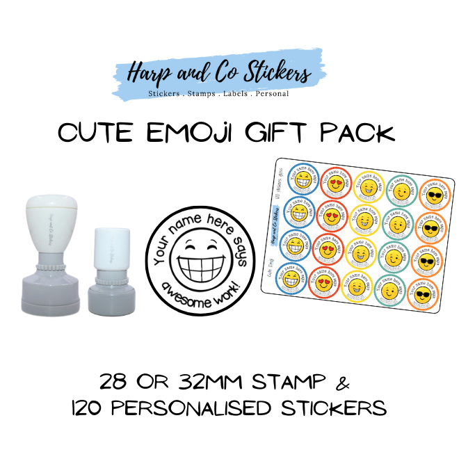 Gift Pack 28 or 32mm Stamp + 120 Stickers - Cute Emoji