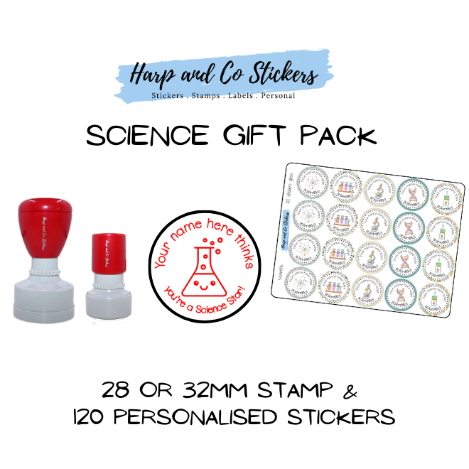 Gift Pack 28 or 32mm Stamp + 120 Stickers - Science