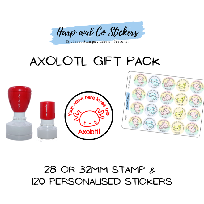 Pack 28 or 32mm Stamp + 120 Stickers - Axolotl