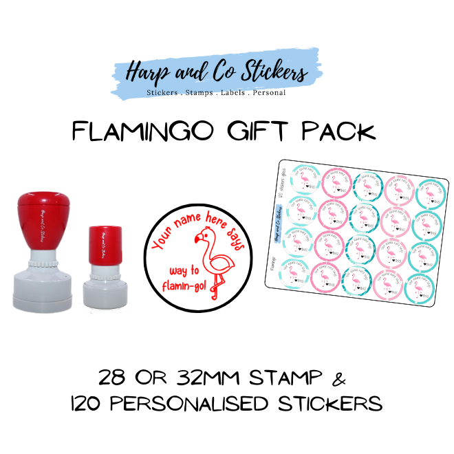 Gift Pack 28 or 32mm Stamp + 120 Stickers - Flamingo