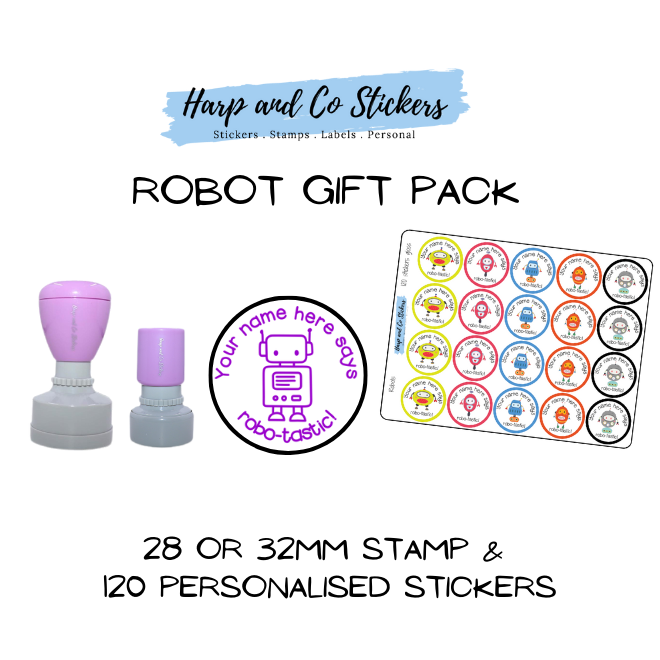 Gift Pack 28 or 32mm Stamp + 120 Stickers - Robots