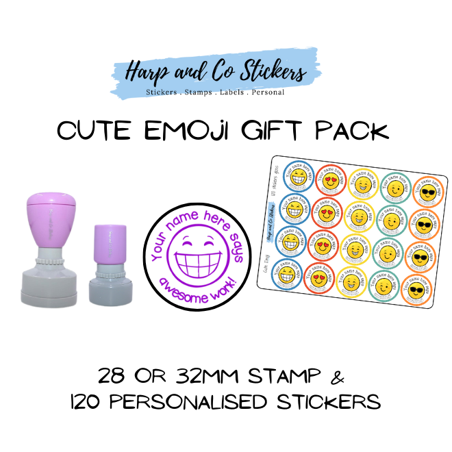 Gift Pack 28 or 32mm Stamp + 120 Stickers - Cute Emoji