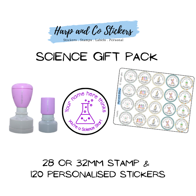 Gift Pack 28 or 32mm Stamp + 120 Stickers - Science
