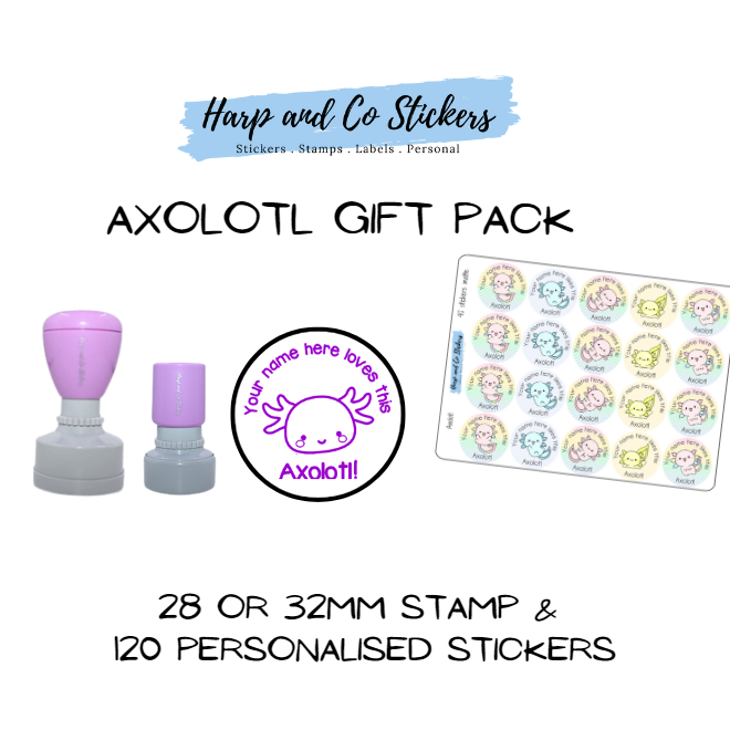 Pack 28 or 32mm Stamp + 120 Stickers - Axolotl