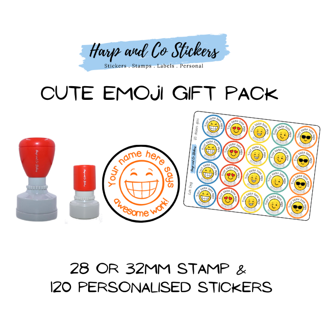 Gift Pack 28 or 32mm Stamp + 120 Stickers - Cute Emoji