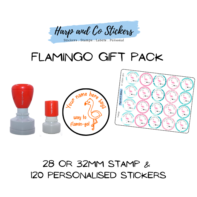 Gift Pack 28 or 32mm Stamp + 120 Stickers - Flamingo