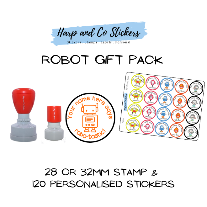 Gift Pack 28 or 32mm Stamp + 120 Stickers - Robots
