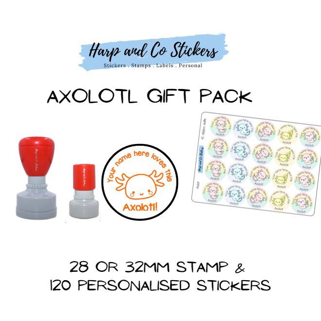 Pack 28 or 32mm Stamp + 120 Stickers - Axolotl