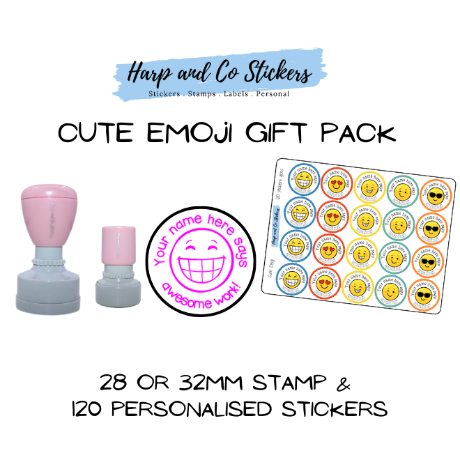 Gift Pack 28 or 32mm Stamp + 120 Stickers - Cute Emoji