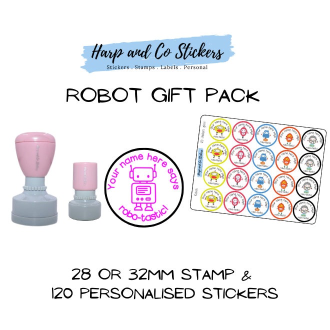 Gift Pack 28 or 32mm Stamp + 120 Stickers - Robots