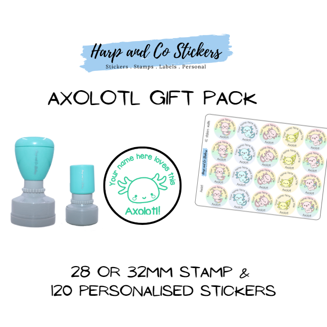 Pack 28 or 32mm Stamp + 120 Stickers - Axolotl