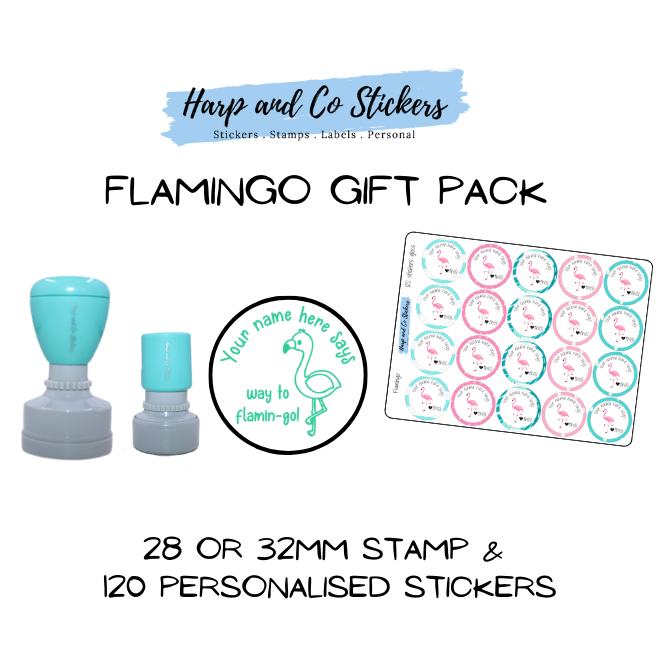 Gift Pack 28 or 32mm Stamp + 120 Stickers - Flamingo