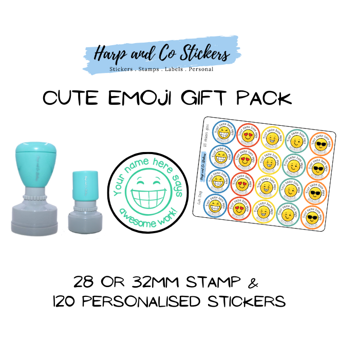 Gift Pack 28 or 32mm Stamp + 120 Stickers - Cute Emoji