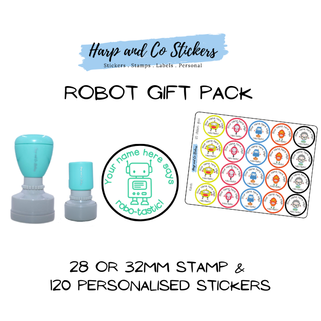 Gift Pack 28 or 32mm Stamp + 120 Stickers - Robots