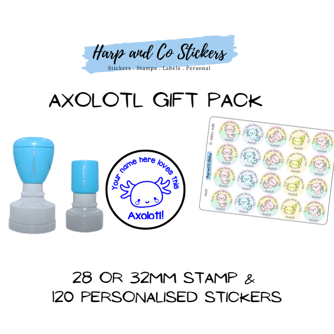 Pack 28 or 32mm Stamp + 120 Stickers - Axolotl