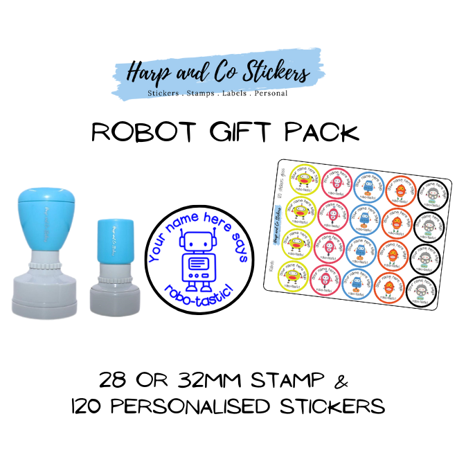 Gift Pack 28 or 32mm Stamp + 120 Stickers - Robots