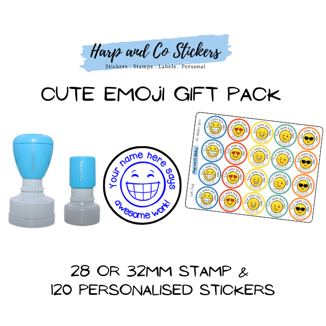 Gift Pack 28 or 32mm Stamp + 120 Stickers - Cute Emoji