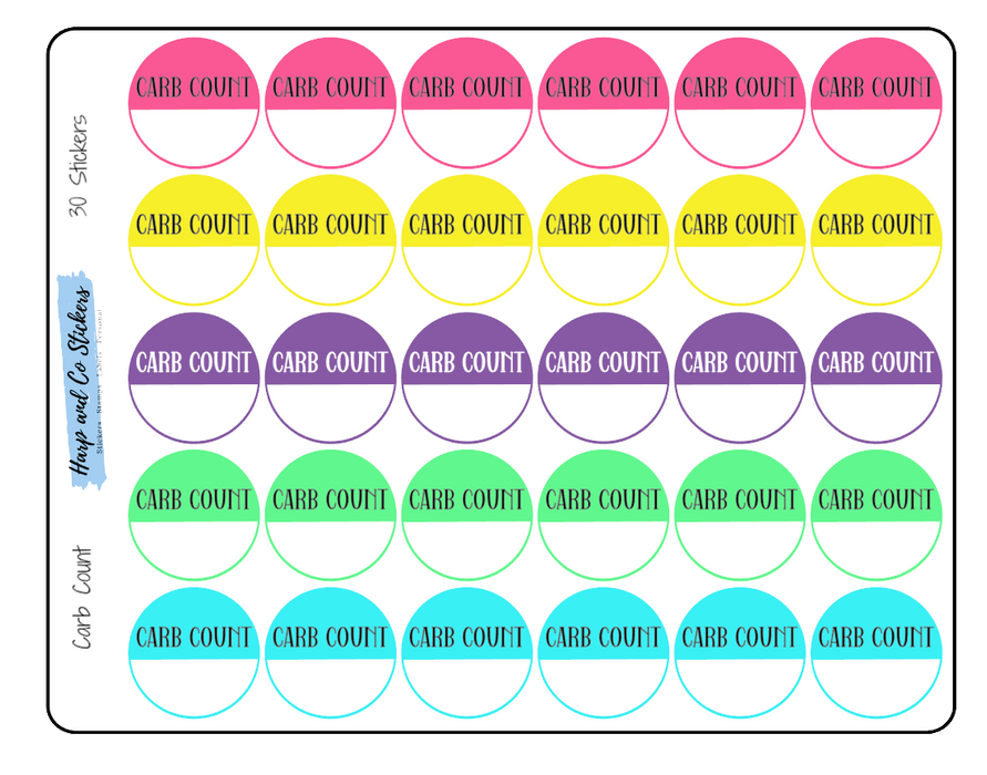 60 laminate vinyl Carb count stickers - perfect for tracking carbs for diabetes, diets etc