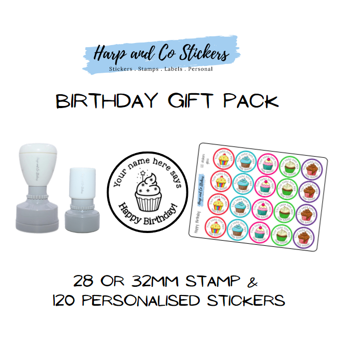 Gift Pack 28 or 32mm Stamp + 120 Stickers - Birthday