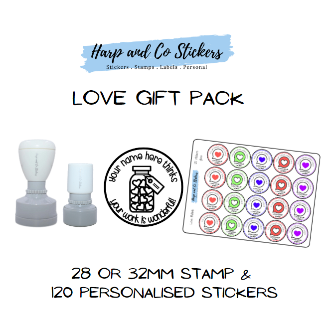 Gift Pack 28 or 32mm Stamp + 120 Stickers - Love