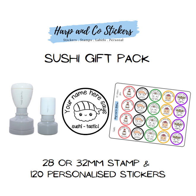 Gift Pack 28 or 32mm Stamp + 120 Stickers - Sushi