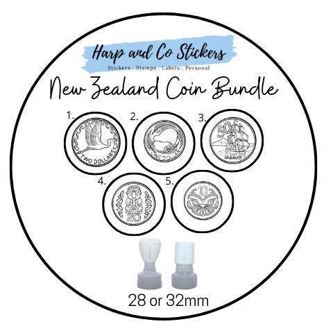 28 or 32mm Personalised Stamp Bundle - 5 New Zealand Coins Stamps