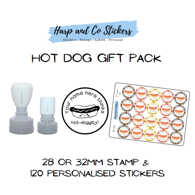 Gift Pack 28 or 32mm Stamp + 120 Stickers - Hot Dog