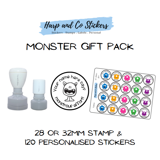 Gift Pack 28 or 32mm Stamp + 120 Stickers - Monster