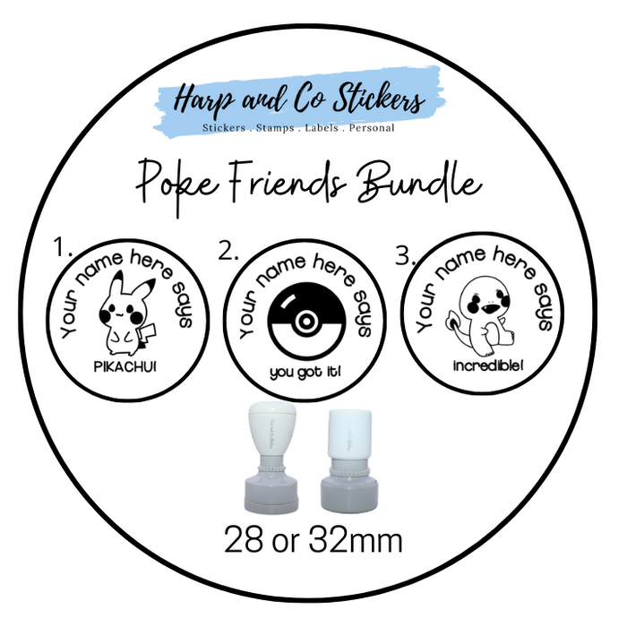 28 or 32mm Personalised Stamp Bundle - 3 Poke Friends Stamps