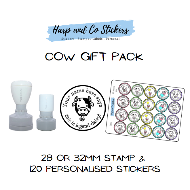 Gift Pack 28 or 32mm Stamp + 120 Stickers - Cow