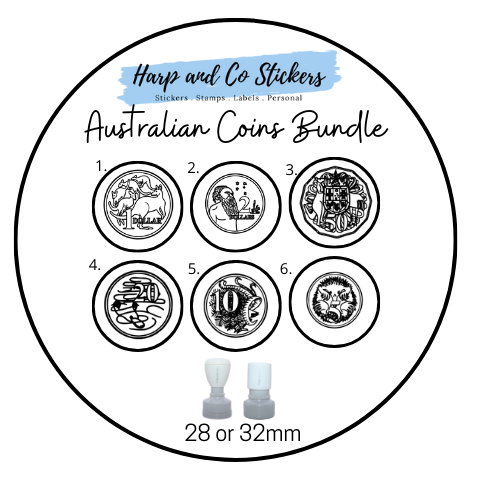 28 or 32mm Personalised Stamp Bundle - 6 Australian Coins Stamps