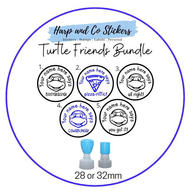 28 or 32mm Personalised Stamp Bundle - 5 Turtle and Friends Stamps