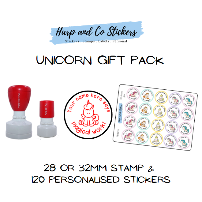 Gift Pack 28 or 32mm Stamp + 120 Stickers - Unicorn