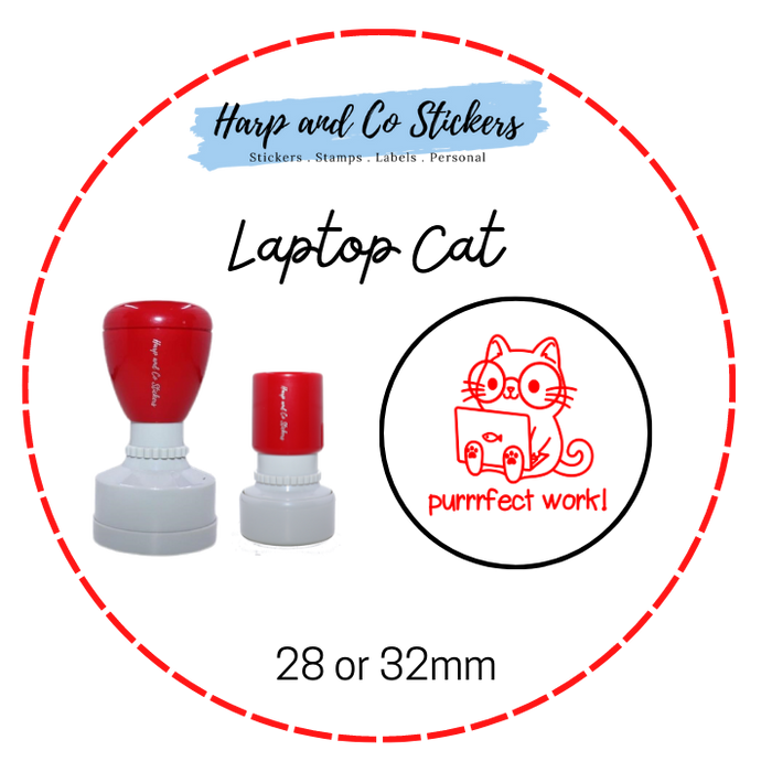 28 or 32mm Round Stamp - Laptop Cat