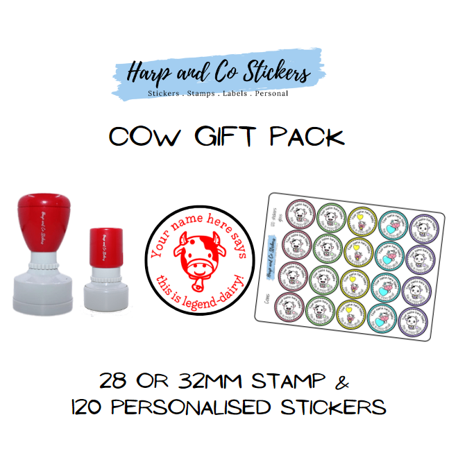 Gift Pack 28 or 32mm Stamp + 120 Stickers - Cow